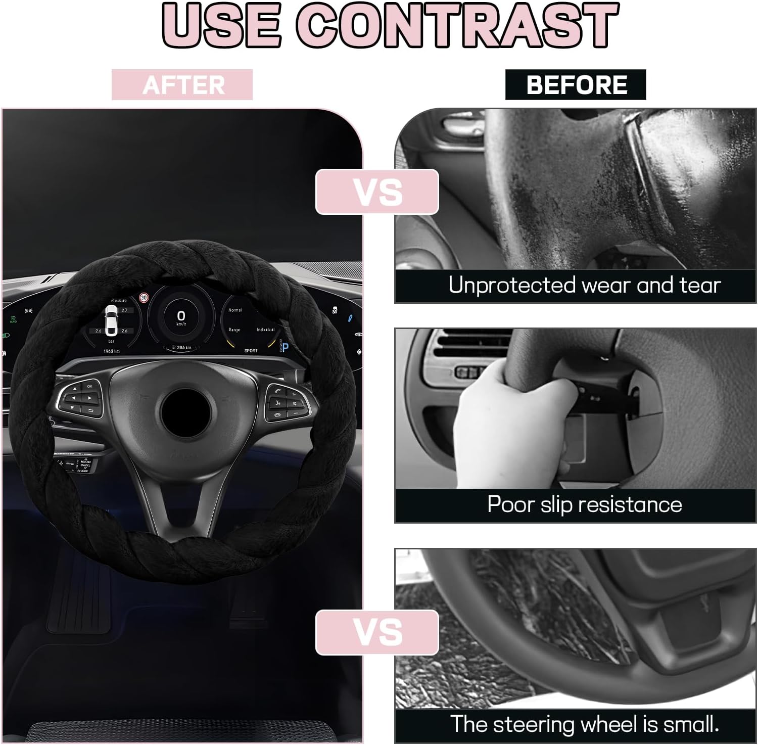 Fluffy Car Steering Wheel Cover, Cute Twisted Furry Steering Wheel Protector for Women Girls, Soft Plush, Anti-Slip Winter Warm Wheels Cover Universal Fits 15 Inch, Car Accessories (Black)