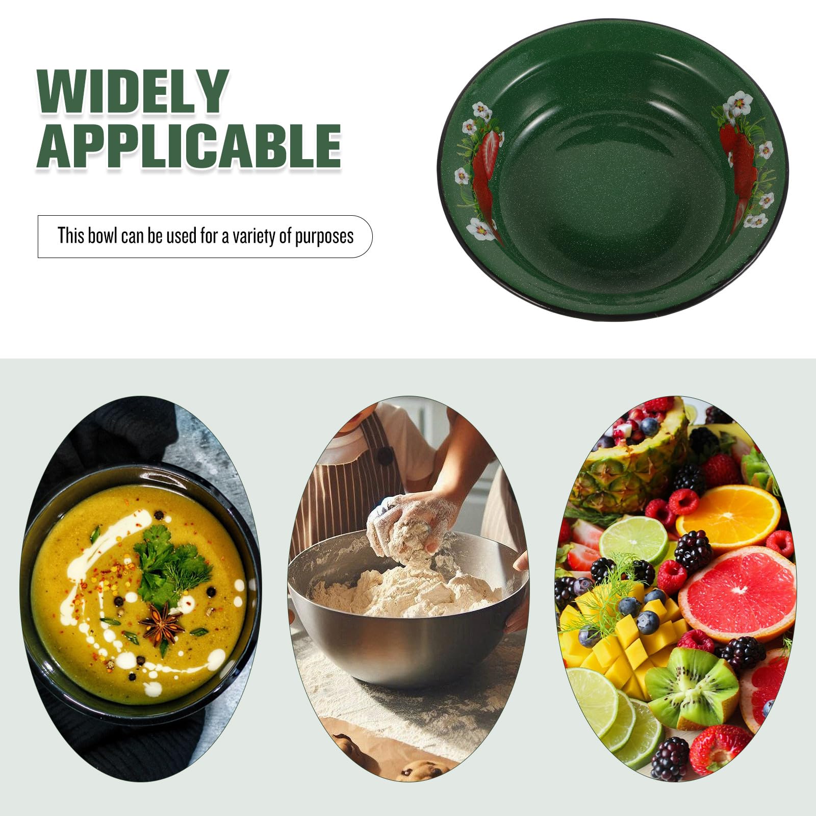 Cuenco Esmaltado de 22 Cm, Lavabo Multiusos para Lavar y Mezclar, Cuenco de Esmalte Verde con Motivos Punteados para Sopa, Fruta y Masa, Vajilla Rústica Adecuada para Cocina