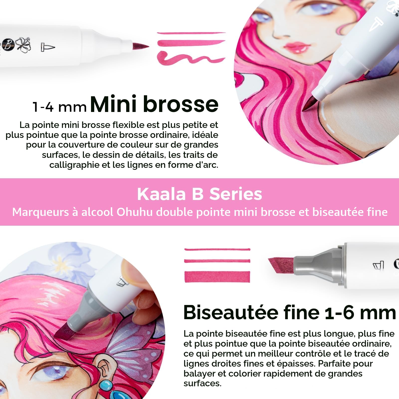 Ohuhu feutres alcool, 60 +1 couleurs Pointe pinceau & pointe large fine estompe sans couture encre rechargeable feutre à alcool pour les artistes Coloriage Calligraphie Dessin Illustration - Kaala B