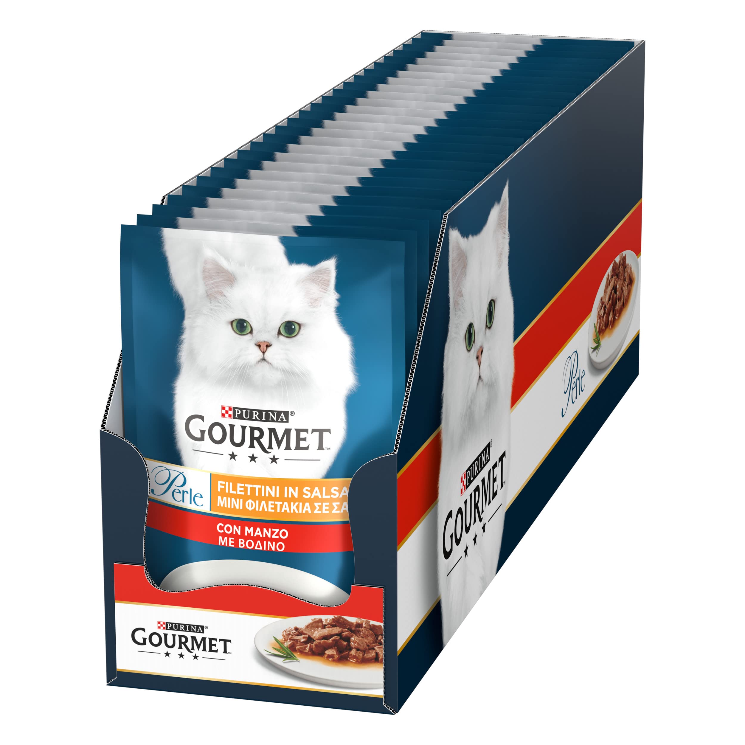 Purina Gourmet Perle Filettini in Salsa Cibo Umido per Gatti con Manzo, 26 Buste da 85g