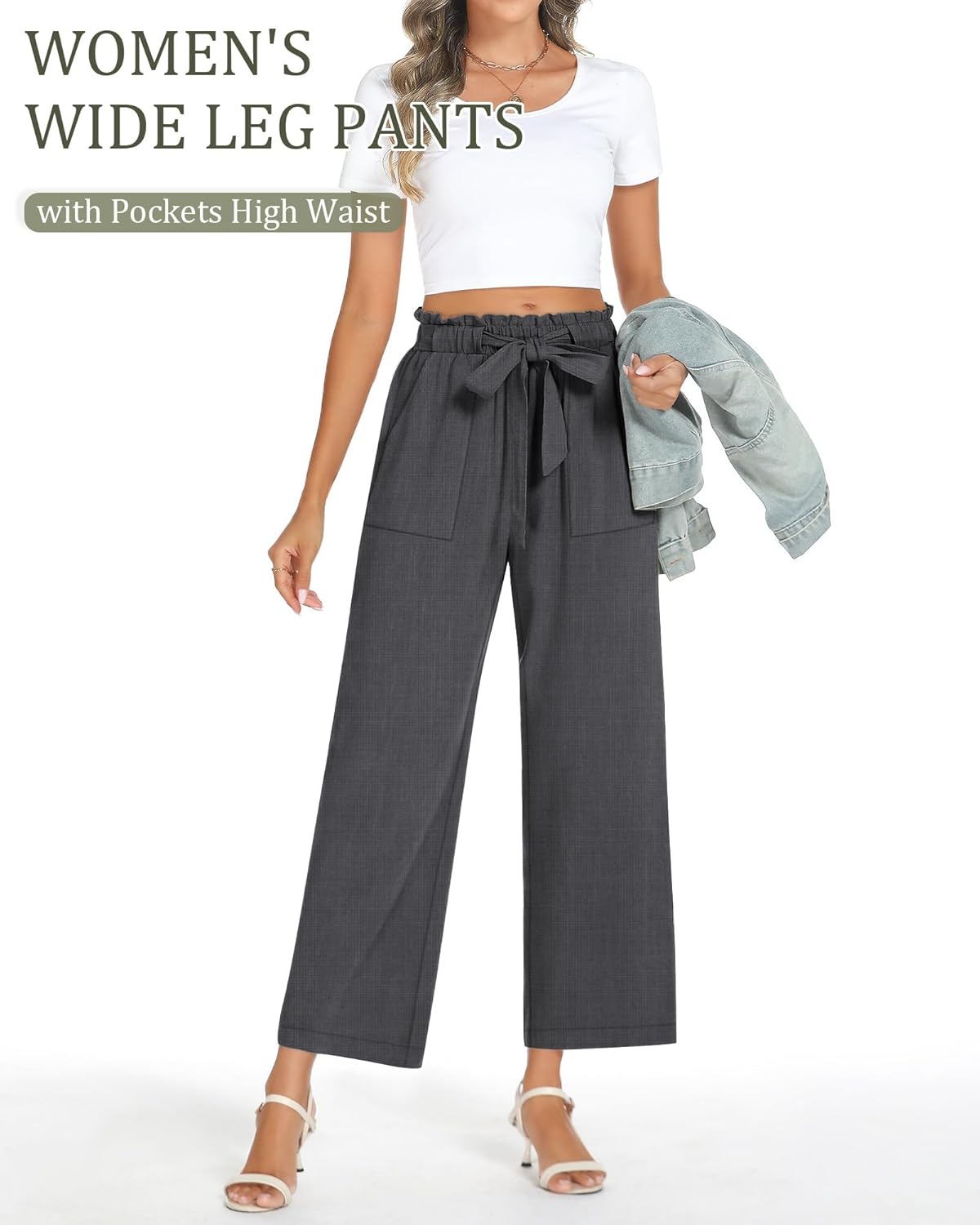 Neer Women's Linen Wide Leg Long Pants with Pocket Elastic Waist Straight Casual Pants Adjustable Tie Knot Loose Trousers - Image 5