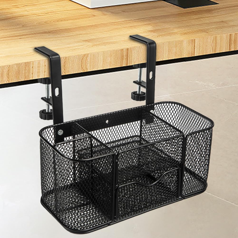 Clamp on Under Desk Mesh Pen Holder Organizer Desktop Office Supplies with 5 Compartments + Drawer for Home, School, Classroom