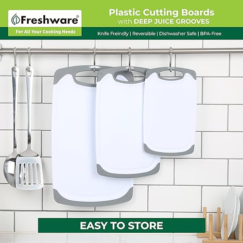 Miniatura 7 de Freshware Tablas de cortar para cocina, paquete de 3 tablas de cortar con diferentes tamaños, ranuras para jugos y asas antideslizantes, reversible