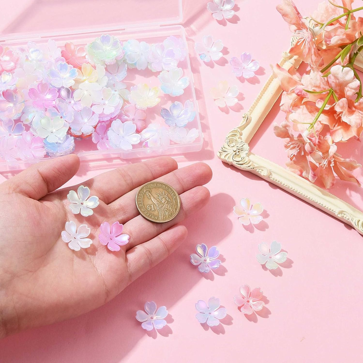 LiQunSweet 100 Pcs 9 Colors Opaque Cherry Blossoms Flower Acrylic Bead Caps Spring Floral Spacer Beads for DIY Jewelry Bracelet Craft Accessory Supplier - Image 4