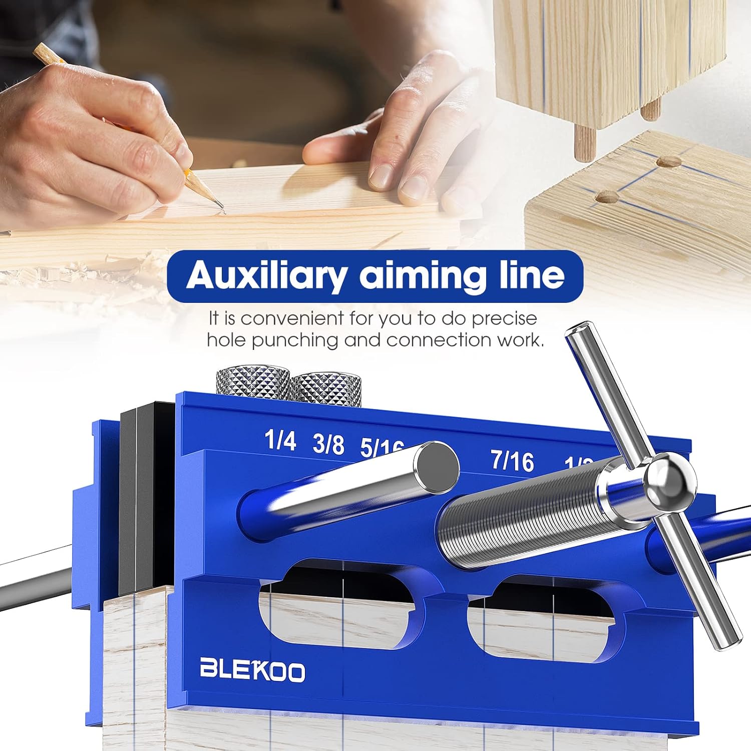 Upgraded 6.7 inch Self Centering Doweling Jig Kit, Drill Jig For Straight Holes Biscuit Joiner Set With 6 Drill Guide Bushings, Adjustable Width Drilling Guide Power Tool Accessory Jigs (Blue)