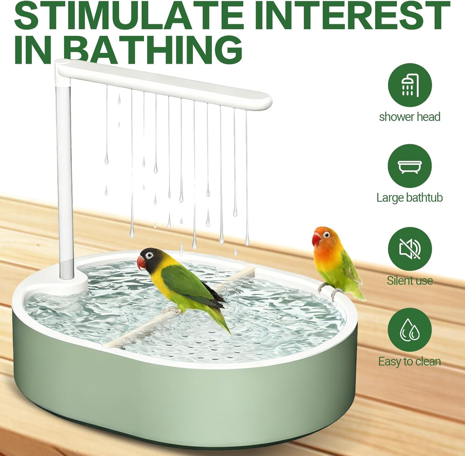 Vogeldusche Wellensittiche, Automatische Vogelbad mit USB Pumpe, Leise Vogel Dusche mit Wasserfall, Vogelbadewanne für Sittiche, Nymphensittiche und kleine Papageien, Grün
