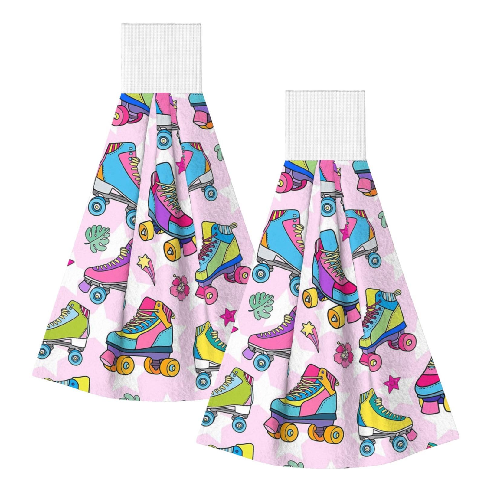 DOPKLNA Lovely Roller Skates, 2 Pcs Hanging Coral Fiber Hand Towels for Bathroom, Absorbent Kitchen Towels