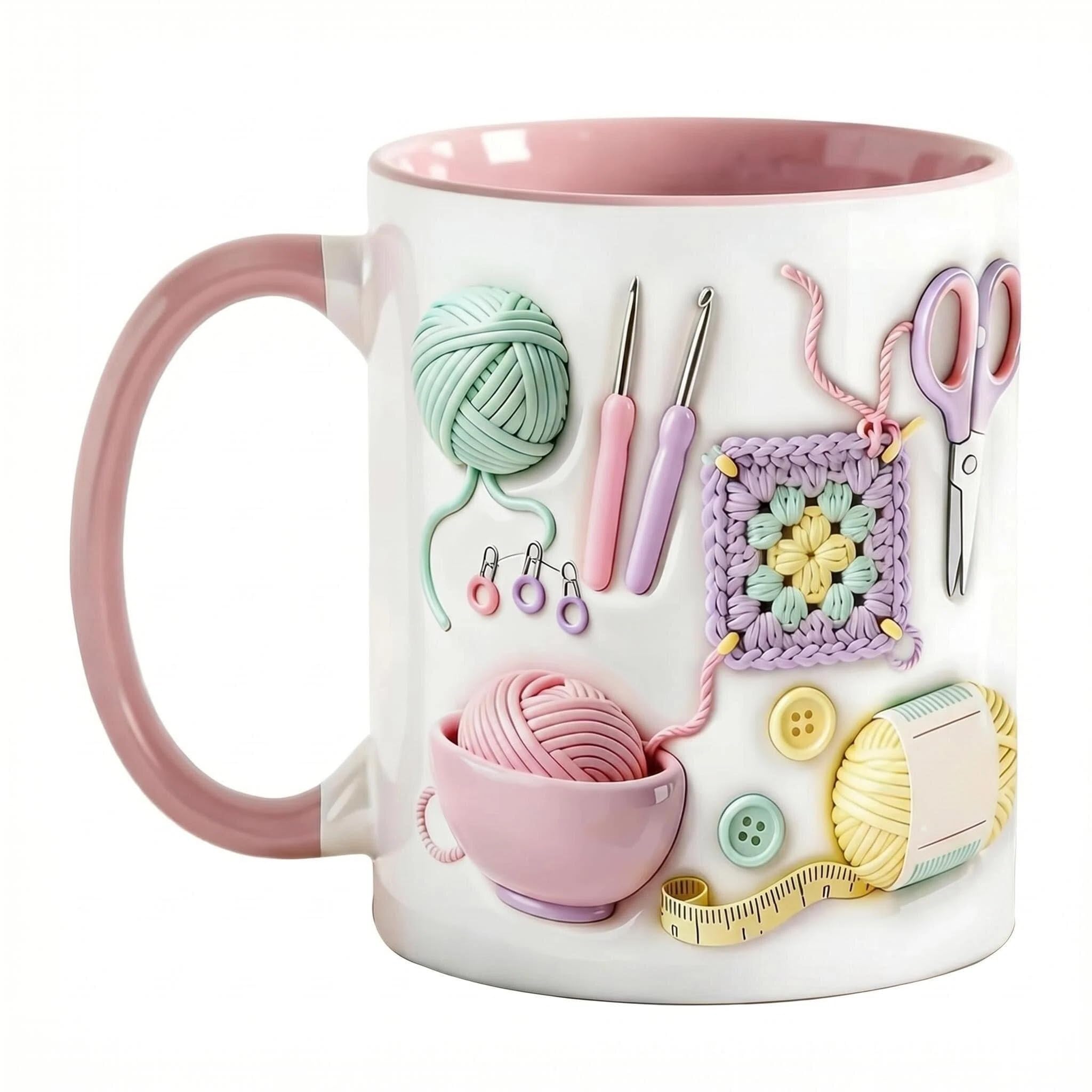 Knitting and Sewing Tools Mug, Crochet Aesthetic Ceramic Coffee Cup with Non-Slip Grip, 330ml Funny Yarn Ball Crocheting Mug for Knitters, Cute Personalized Accent Mugs Gift for Women, Mom, Grandma