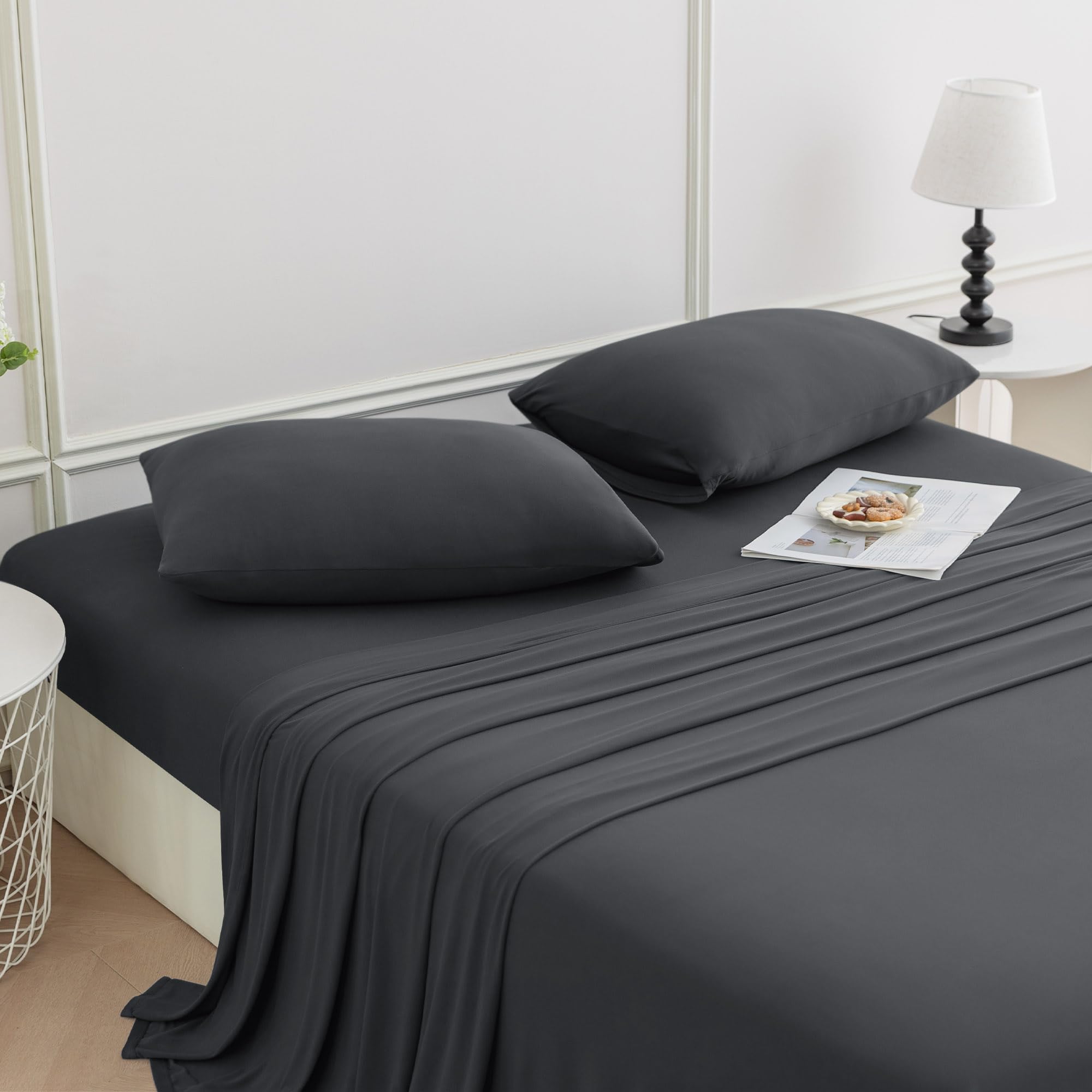 N&Y HOME StretchSnug King Sheets with Elastic Corner Straps - Stretchy Sheets No Slip Stay on Bed, Firm & Tight - Deep Pocket 4 Piece Sets, Dark Gray, King