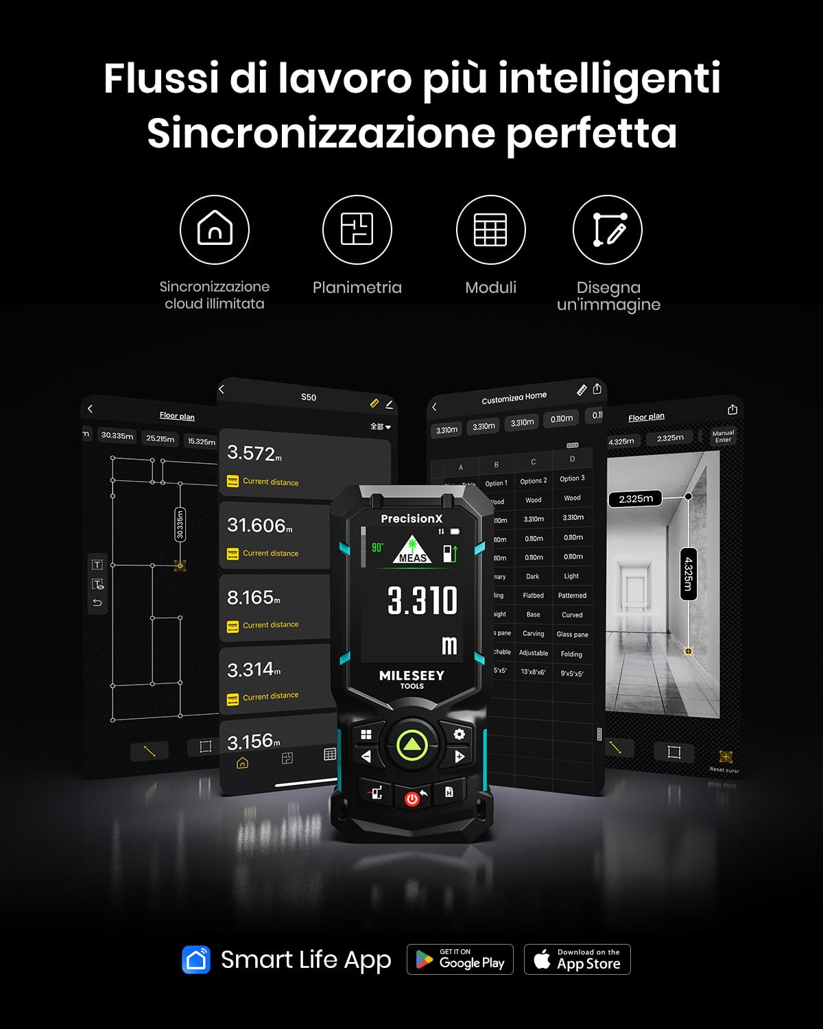 MiLESEEY S50 Metro Laser con Raggio Verde, 120 m Misuratore Laser, P2P Metro Laser Professionale, Allineamento Laser Laterale, Ricaricabile, Display IPS da 6,1 cm, All'Interno All'Esterno