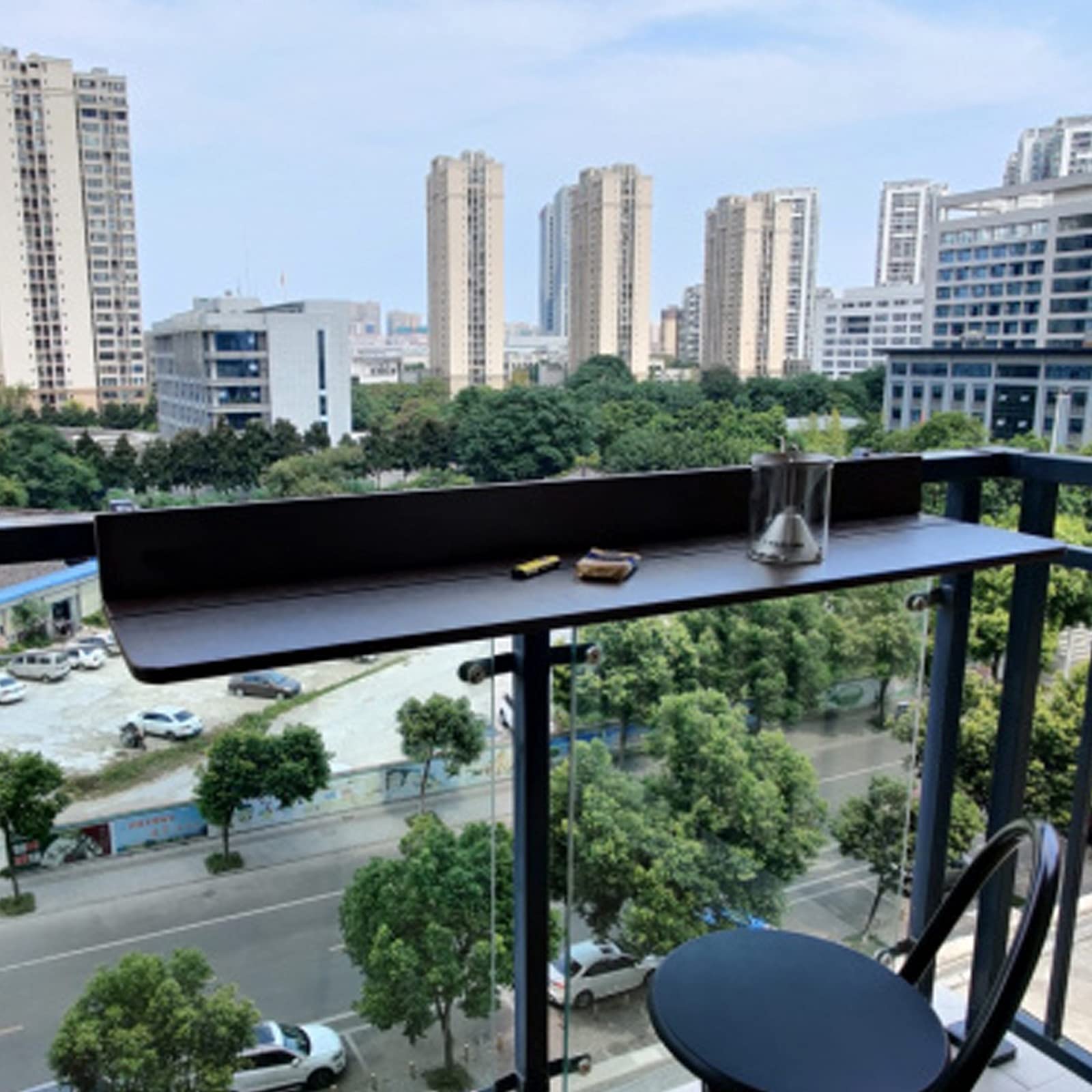 Składany stół balkonowy, półka balustradowa z litego drewna, kompaktowa, wisząca, oszczędność miejsca, 100 x 37 cm, stół zewnętrzny na patio i do ogrodu