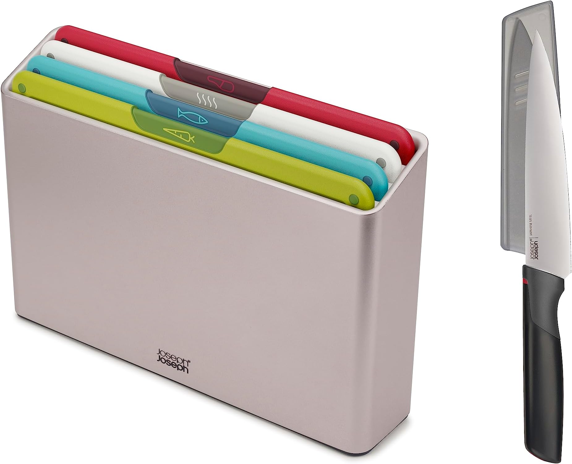 Joseph Joseph Folio Icon Color-Coded Non-Slip Chopping Boards, 4-Piece, with Storage Case and 1 Chef Knife, Medium, Multicolor/Silver