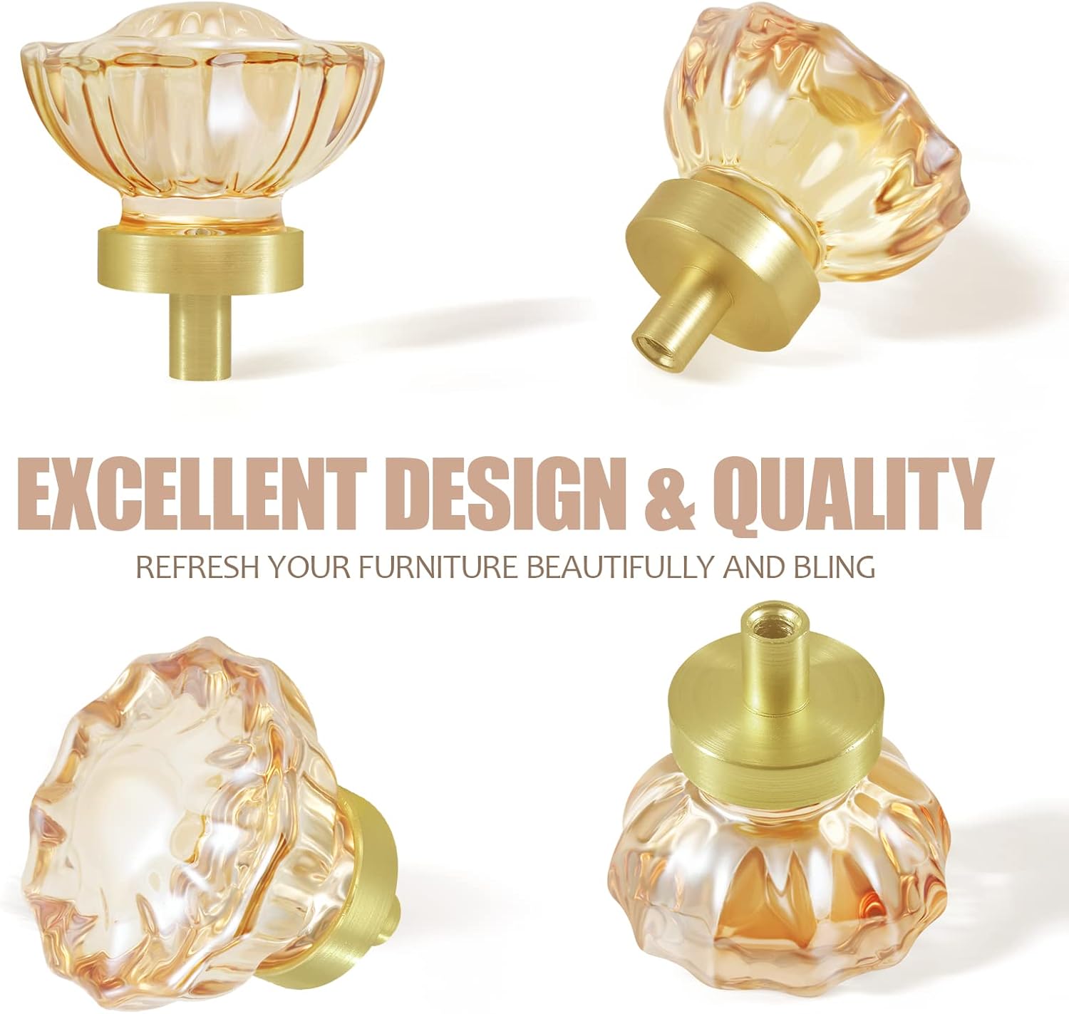Glass Cabinet Knobs and Pulls 4 Pack,Champagne Crystal Knobs for Dresser Drawer with Satin Brass/Brushed Gold Base