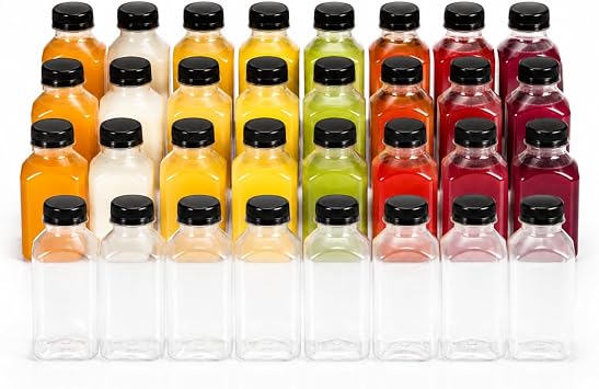 Plastic Bottles Food Grade PET Transparent with Lid Airtight Leak Proof Portable Refrigerator Juice Milk Storage Container Black Lid, 16.9 fl oz 500 ml x 20 pcs