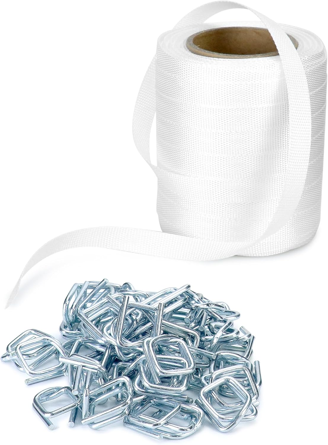QWORK 3/4" x 250' Woven Cord Strapping Roll with 50 Pcs 3/4" Metal Buckles, Heavy Duty Polyethylene Braided Rope Strap Roll, 2400 lb Strong Break Strength 6" x 3" Core, White