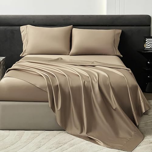 Miniatura 8 de PURE ERA Juego de sábanas de 800 hilos de algodón de fibra larga de satén sedoso, suave, lujoso, juego de 4 piezas, postre oscuro, beige, tamaño