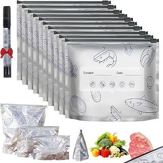 10/30PCS Reusable Aluminum Foil Freshness Seal Bags - Freezer Safe Stand up Foil Sealable Bags with Label and Zip Lock for Vegetable Fruit Meat Seafood, Thickened Food Storage Containers (10, S)