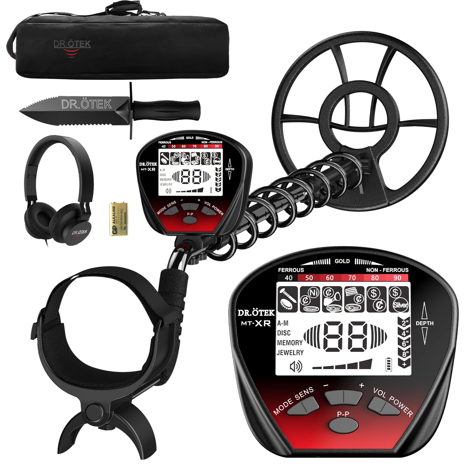 DR.ÖTEK Metalldetektor Profi Set, Leicht Gold Detektor für Kinder und Erwachsene mit Pinpoint Modus, Speichermodus, Wasserdicht Spule, 5 Modi, Hochpräzisions, Metal Detector Kit mit Digger Schaufel