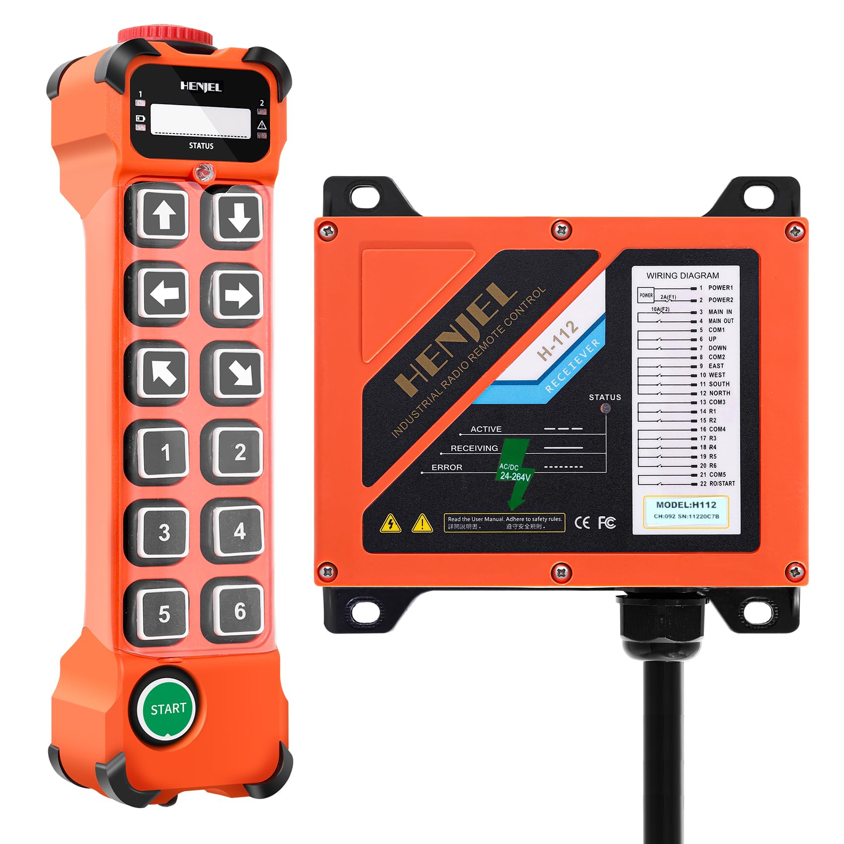 Transmisor de 12 botones Mando a distancia inalámbrico para grúa radio industrial grúa de elevación eléctrica grúa puente aéreo (1 Transmisor 1 Receptor, 24-264V CA/CC)