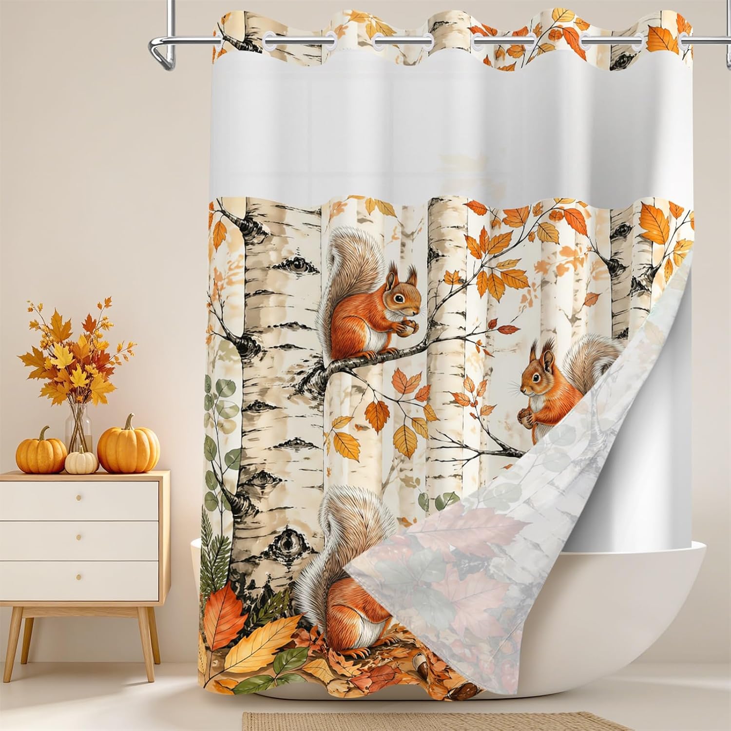 No Hook Fall Squirrel Fabric Shower Curtain with Snap in Liner 71W x 71L