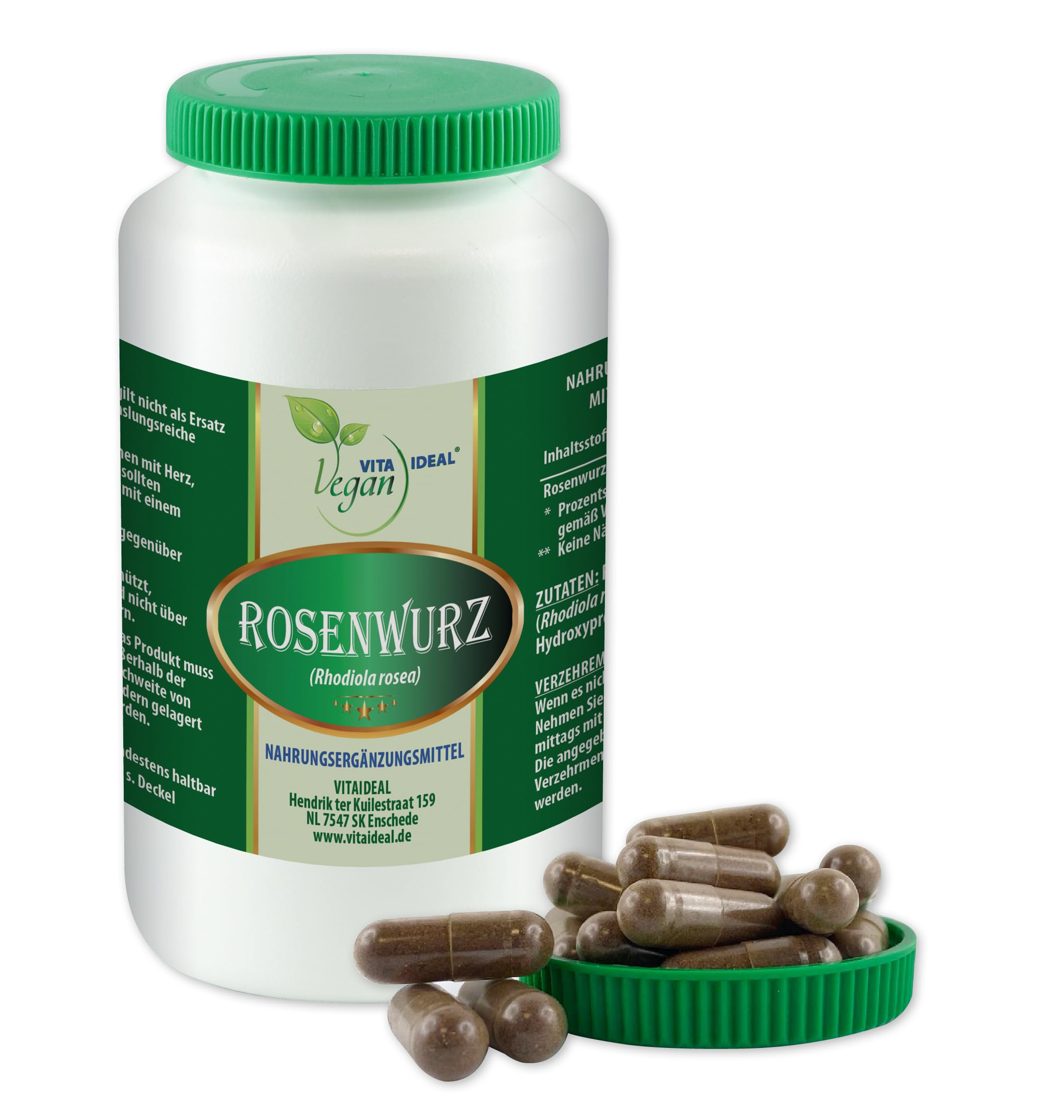 VITA IDEAL Vegan® ROSENWURZ - Wurzel 360 KAPSELN - RHODIOLA rosea - Rosen Wurz - Tagesportion 840mg ROSENWURZWURZEL, natürlich, pflanzlich & ohne Zusatzstoffe,