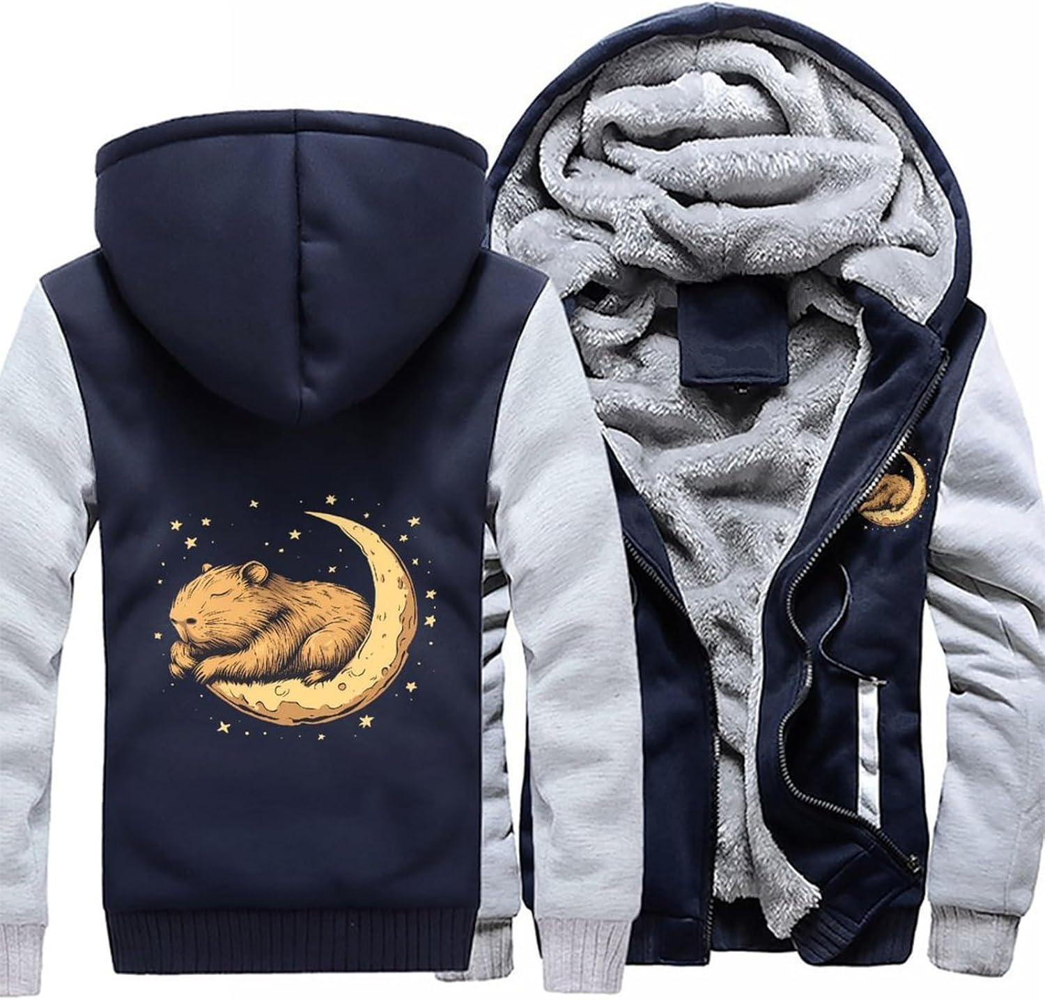 Capybara Moon Men's Hoodie Full-Zip Hooded Sweatshirt Fleece Jacket Coat Winter Warm Clothing