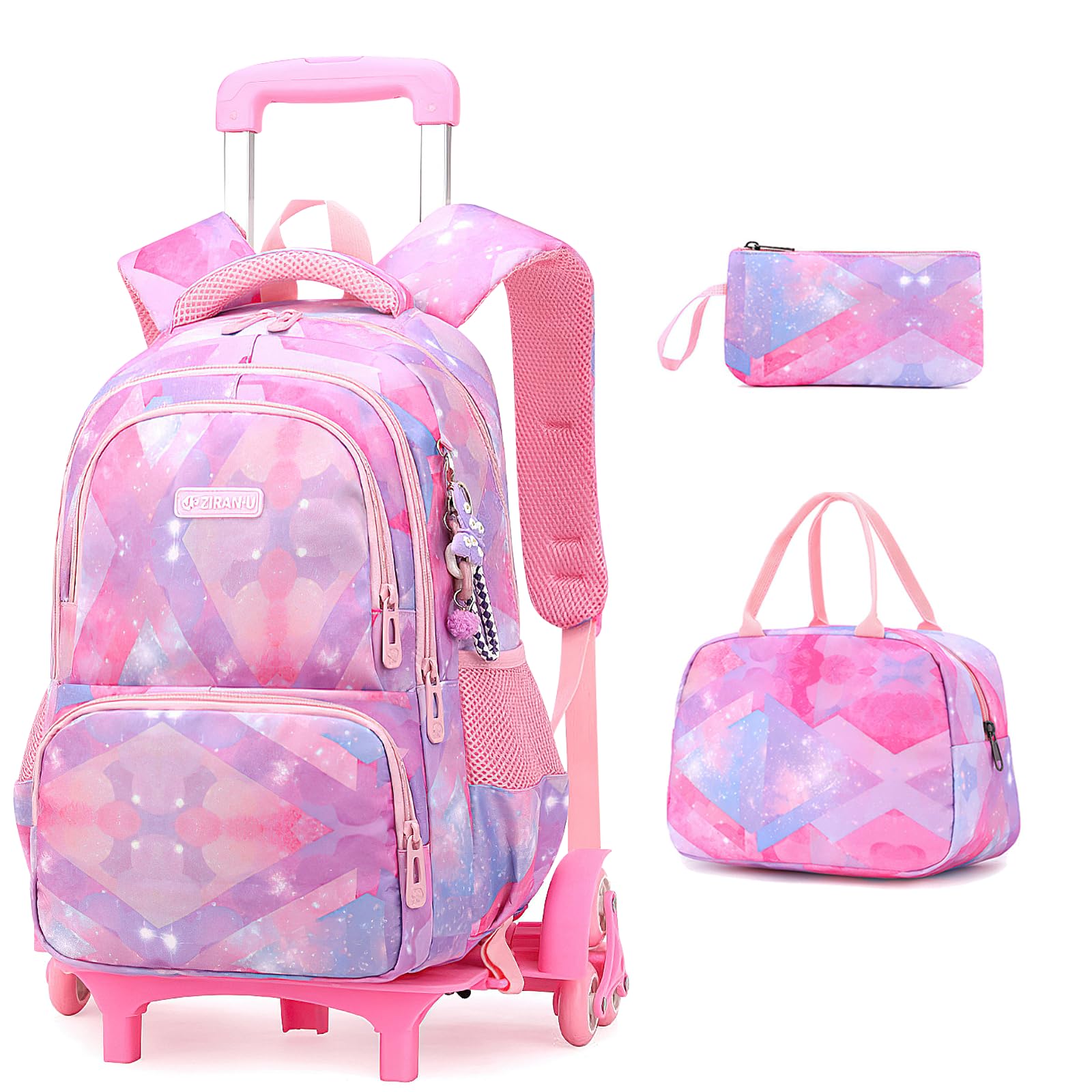 Voici et Voila 4pcs Mochilas Escolares con Ruedas Carro para Mochilas Escolares Niña Grande Bolsas Escolares 6 Ruedas Trolley Bag Mochila Infantil Rosa 30x20x42cm