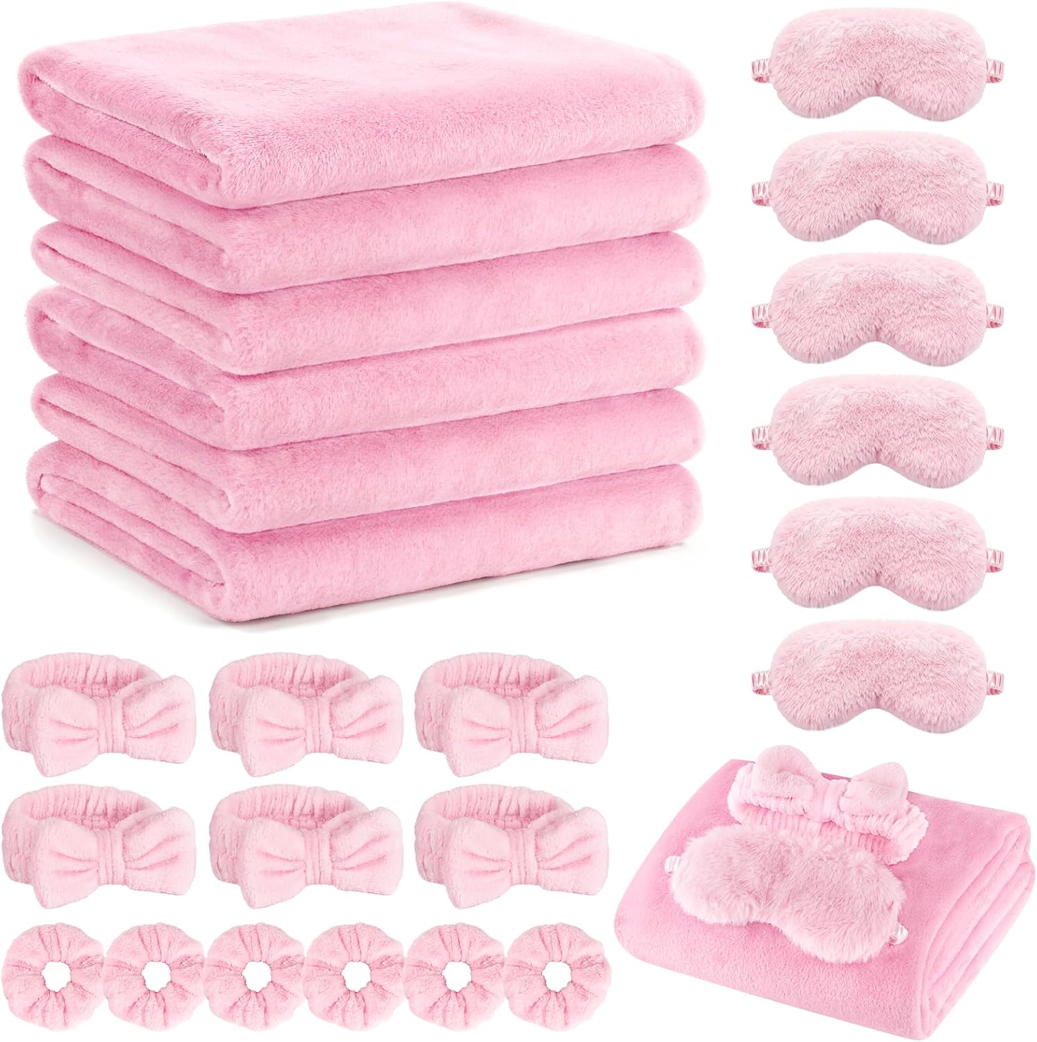 Sleepover Party Supplies for Girls, Spa Slumber Favor with Blanket Headband Eye Mask Hair Scrunchies(Rose 24Pcs)