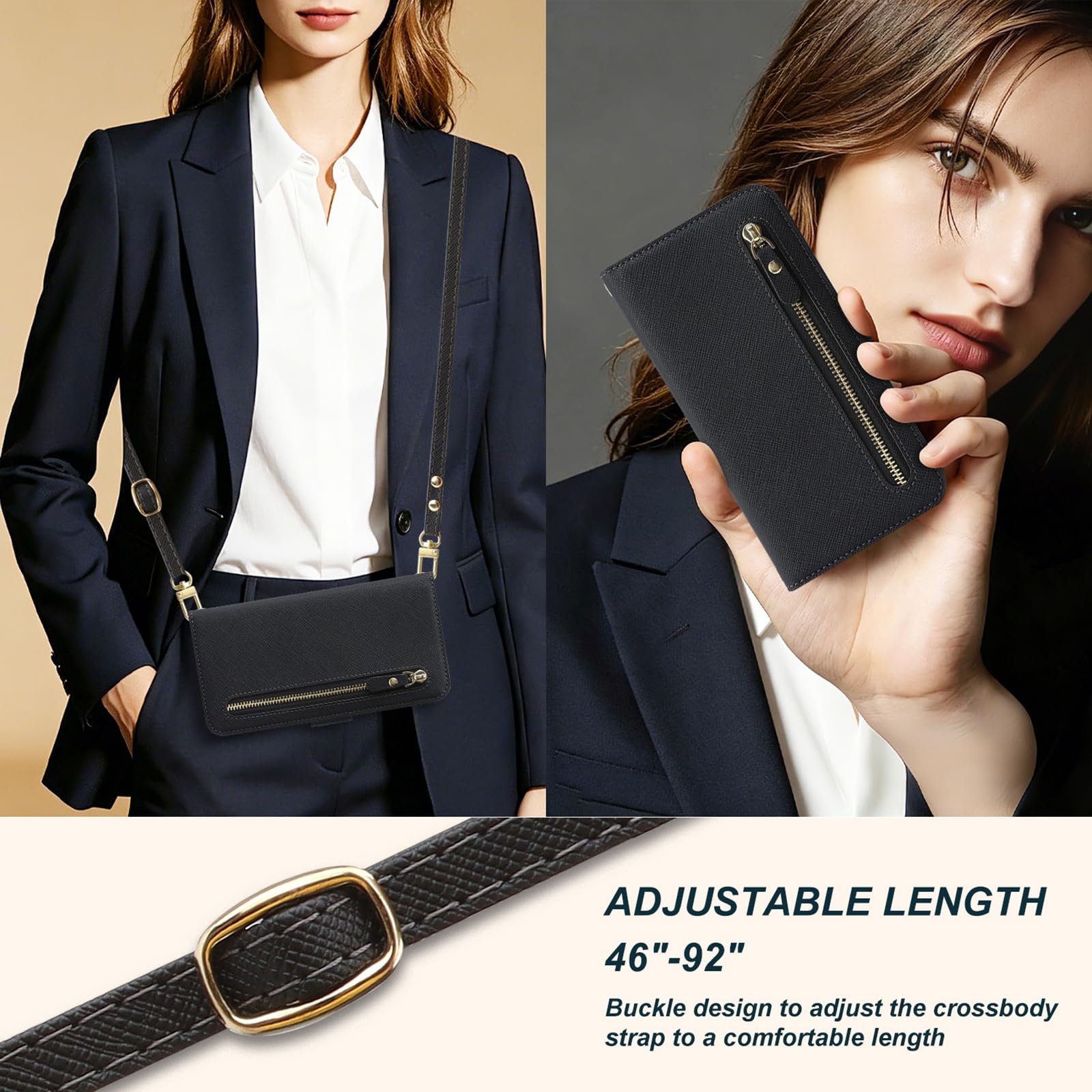 Etui crossbody do iPhone 17 Pro Max/17 Pro/17 Air/17, skórzany pokrowiec z klapką na zamek błyskawiczny, z funkcją lusterka do makijażu, podpórka, miąższ, 17 Air