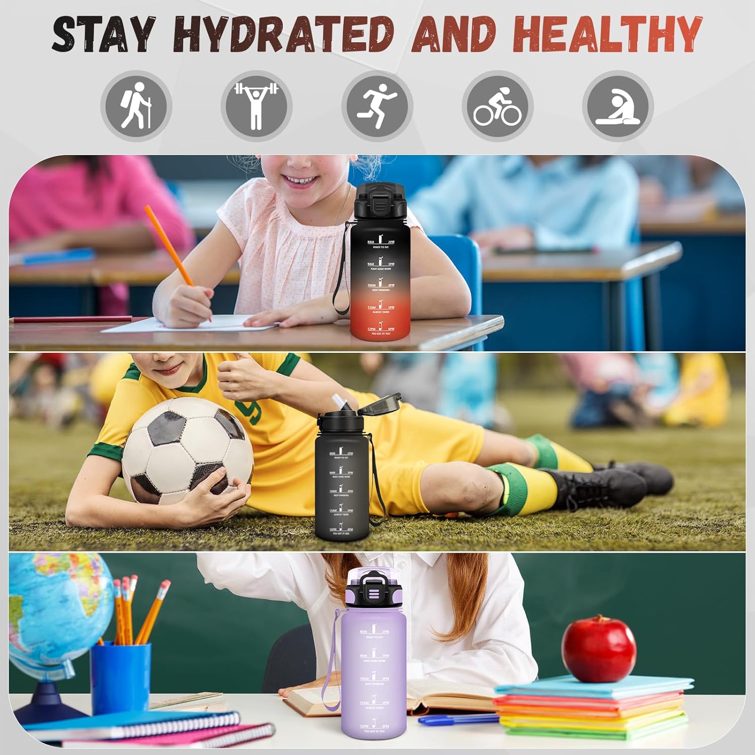 Water Bottle, 500 ml Children's Drinking Bottle, Water Bottle with Straw, Easy to Clean, Leak-Proof, Water Bottle with Time, Water Bottle for School, Travel, Camping, Black/