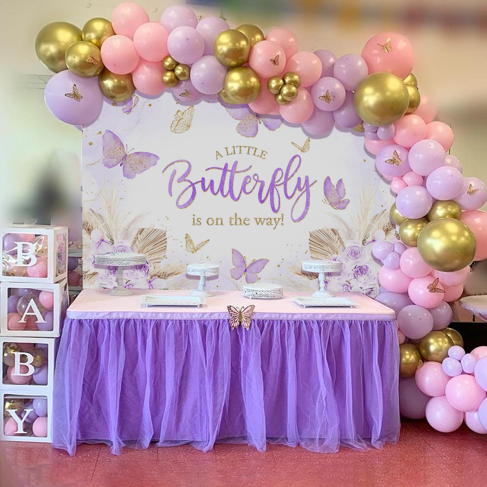 Mocsicka Butterfly Baby Shower Backdrop for Girls Boho A Little Butterfly is on The Way Purple Butterfly Decorations Floral Butterfly Banner for Baby Shower Photo Booth (7x5ft, Purple)