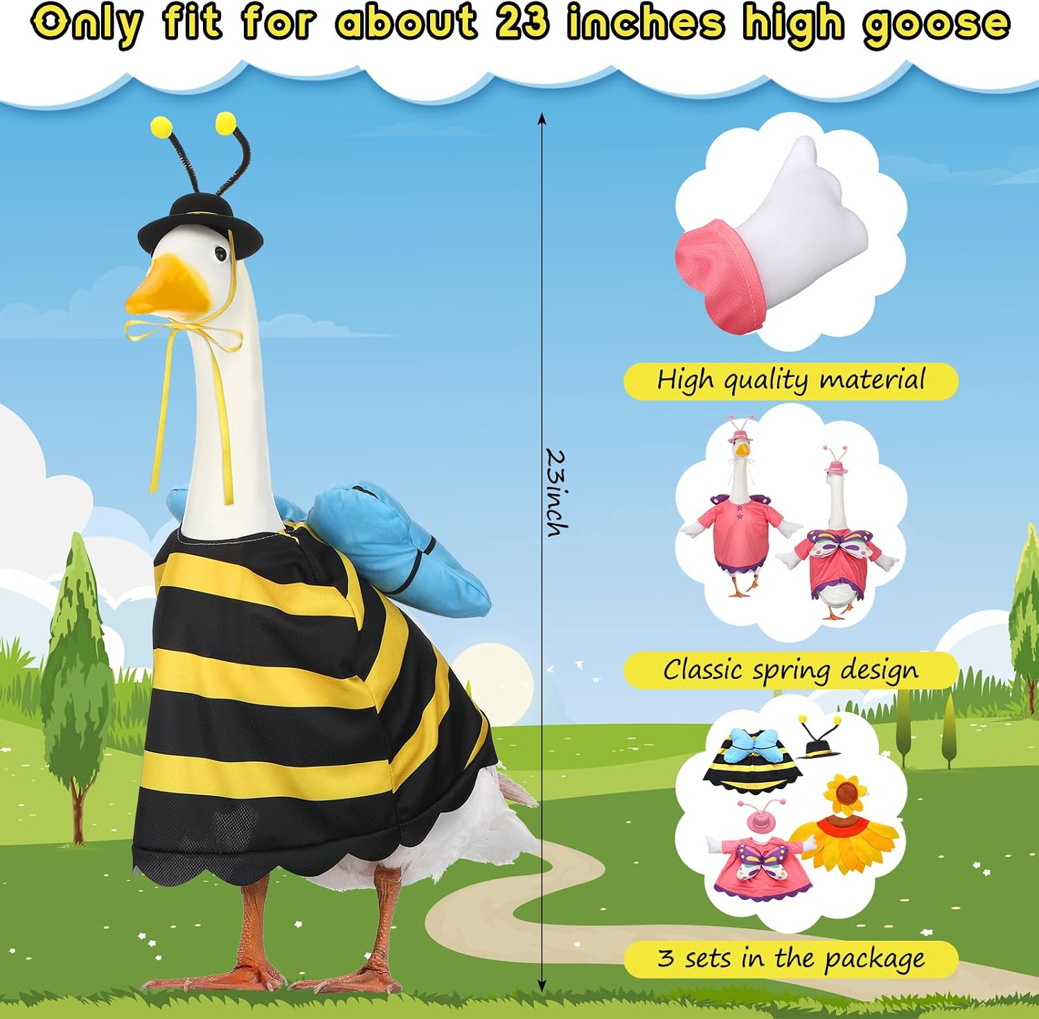 Suzile 3 Pcs Goose Outfits Porch Goose Clothes Goose Costume for 23 Inch Cement Goose Garden Bee Butterfly Sunflower Style Goose Outfit for Spring Outdoor Lawn Patio Ceramic Goose Decor (Spring)