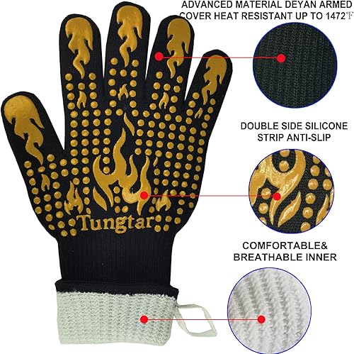Miniatura 3 de Guantes resistentes al calor para barbacoa, guantes de horno 1472 ℉, 14 pulgadas, guantes de parrilla a prueba de calor para hombres, guantes de