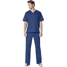 WonderWork Mens V-neck Multi-Pocket Top & Mens Cargo Pant Scrub Set + Badge Reel