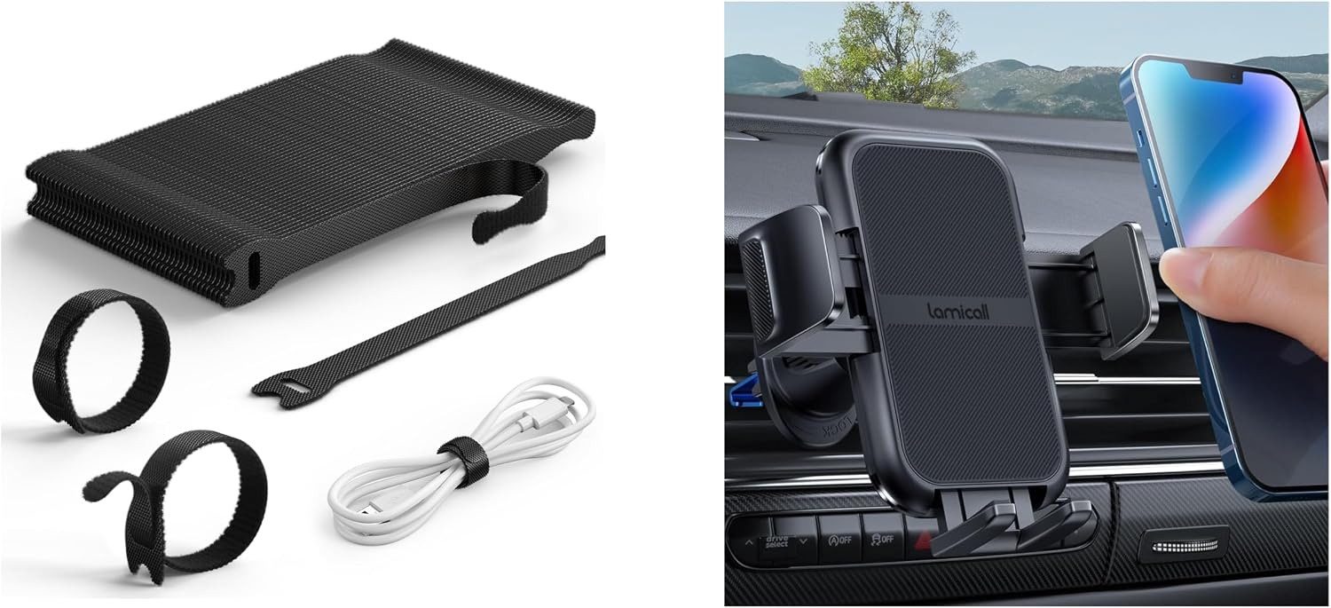 Lamicall 60Pack Reusable Cable Ties & Car Phone Holder