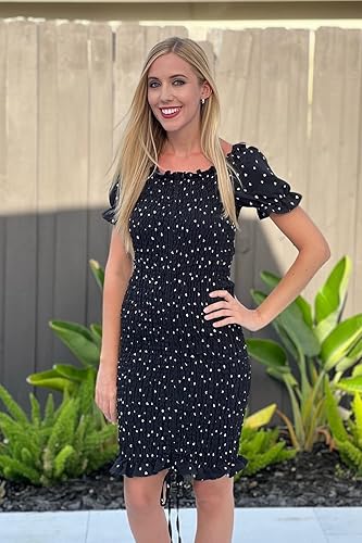 Miniatura 5 de PRETTYGARDEN Vestido ajustado de verano para mujer, con hombros descubiertos, manga corta, cordón, sexy, mini vestido fruncido para fiesta