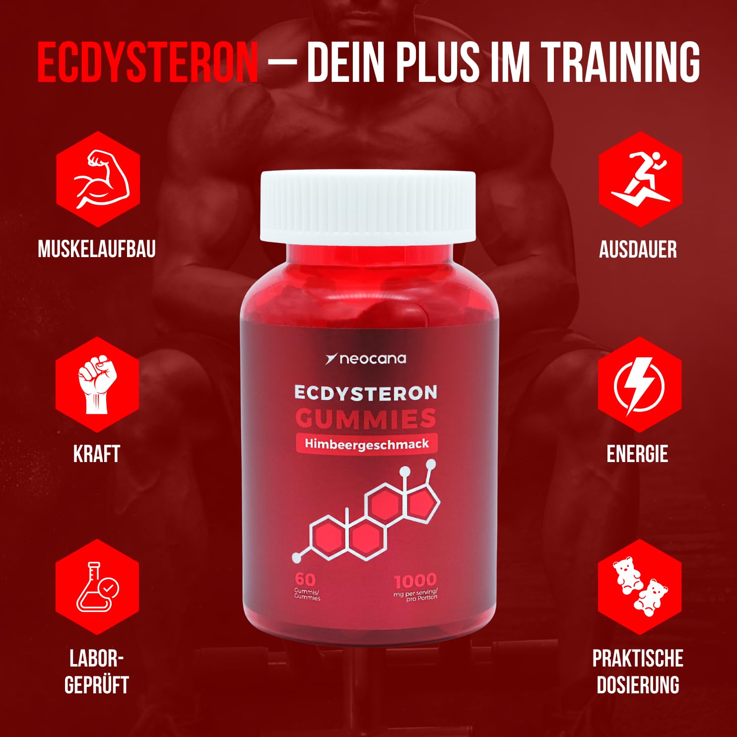 Ecdysteron Fruchtgummis 1000mg pro Portion – 98% Beta-Ecdysteron aus Cyanotis Arachnoidea – Muskelaufbau Booster – Vegane Gummies – Supplement Alternative zu Kapseln & Tabletten – 60 Stück