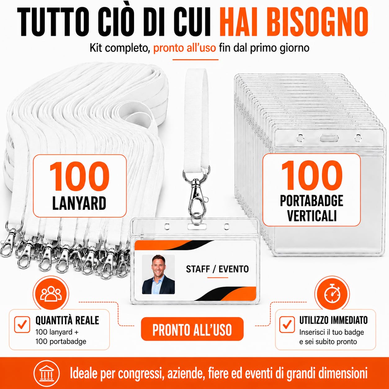 Set 100 Lanyard Bianchi + 100 Porta Badge Verticali 9 x 12 cm | Poliestere 2 cm x 46 cm, gancio metallico 4 cm, PVC trasparente, apertura superiore, lettura RFID e QR senza estrarre la tess