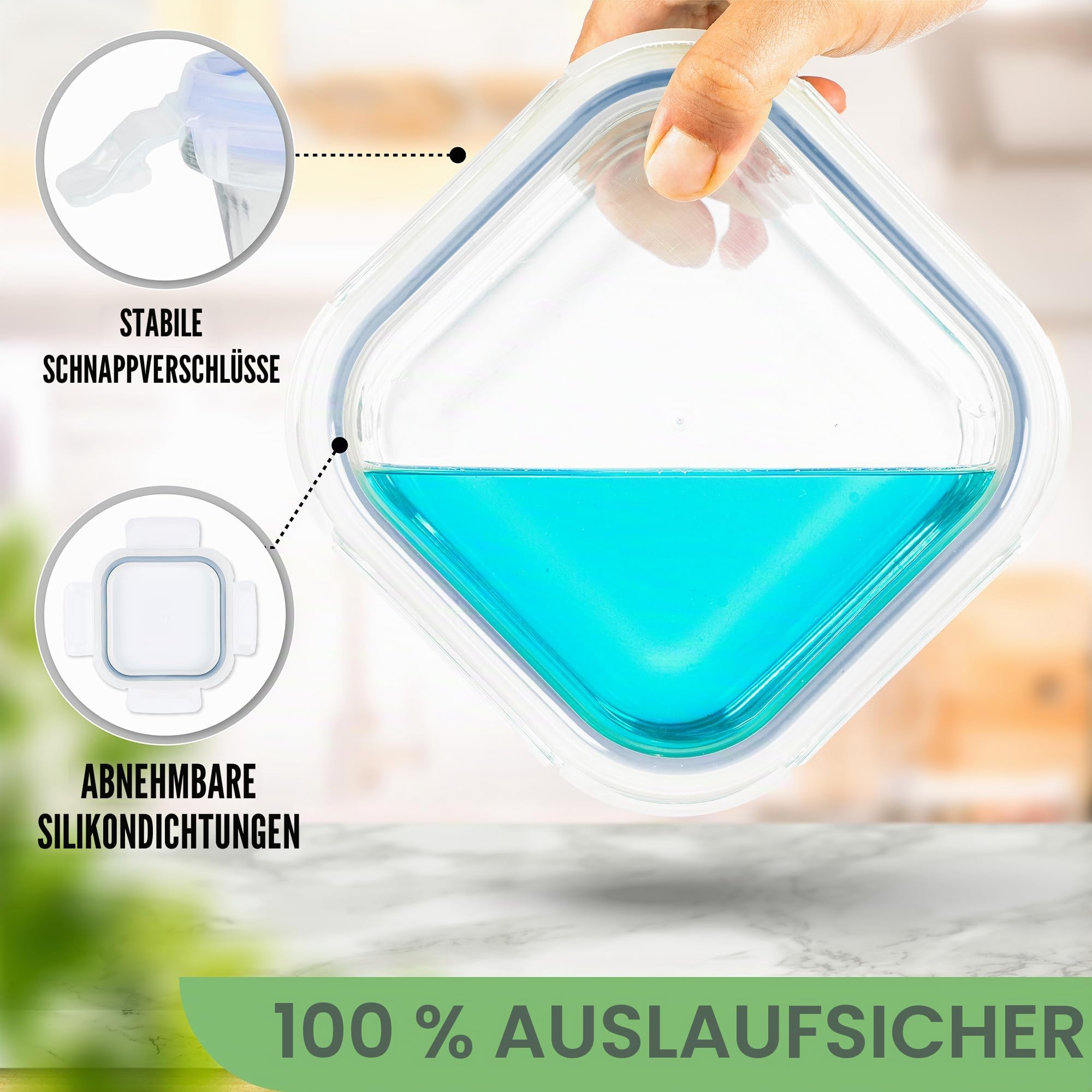 Frischhaltedosen Mit Deckel – Luftdichte Behälter Für Lebensmittel, Glas Schüssel Mit Deckel Set Sicher Für Mikrowelle Und Gefrierschrank | Meal Prep Boxen Glas (4 Quadrat Behälter, Blau)