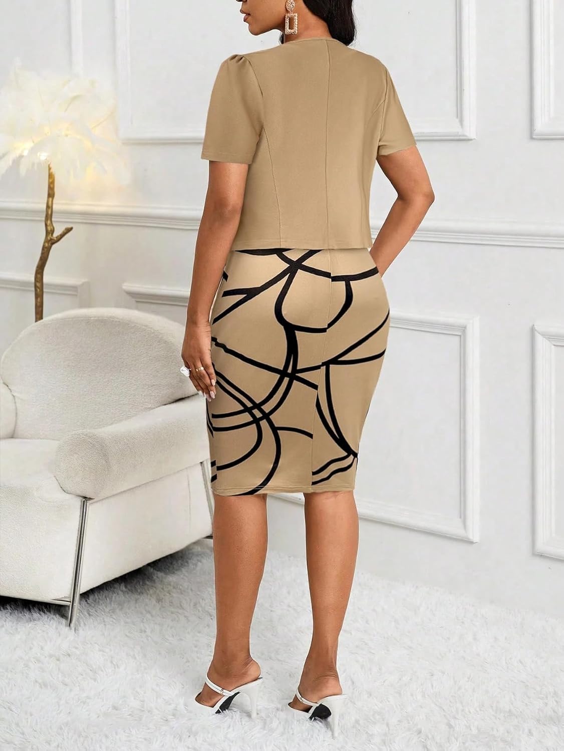 Womens Summer Sexy Two Piece Suit Set Dress Crew Neck Short Sleeves Print Pencil Bodycon Work Office Fashion Outfits - Image 2