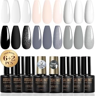 ROSALIND White Black Gel Nail Polish Set with Matte and Glitter Top Coat, 6 Colors Black Milky White Neutral Nude Grey Gel Nail Polish Soak Off Gel Nail art