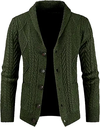 JMIERR Men's Casual Long Sleeve Shawl Collar Buttons Down Cable Knit Cardigan Sweater with Pockets