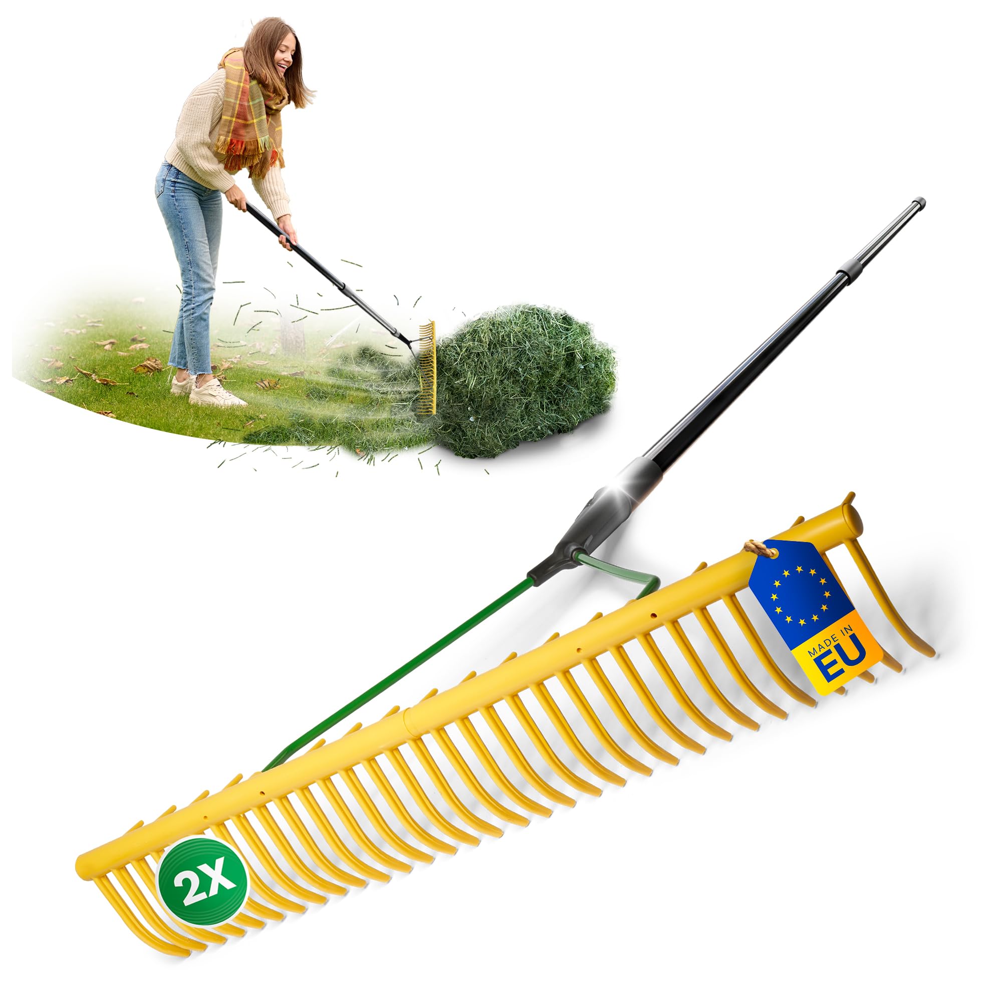 Novatool Rastrillo de jardín con recolector de césped, 32 dientes y mango telescópico de hasta 152 cm, ancho de trabajo 64,5 cm, rastrillo de plástico y metal, colector de hojas, rastrillo de césped