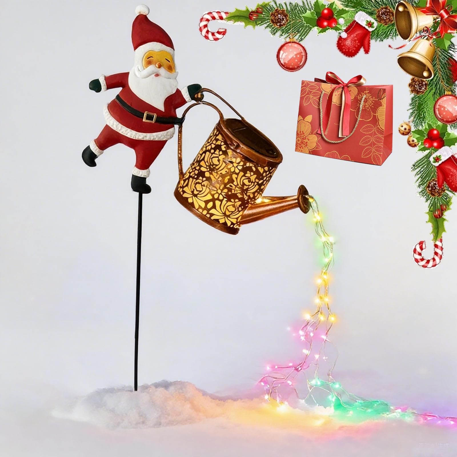 Christmas Solar Kettle Lights, Hanging Solar Santa Claus Watering Can (1pc)