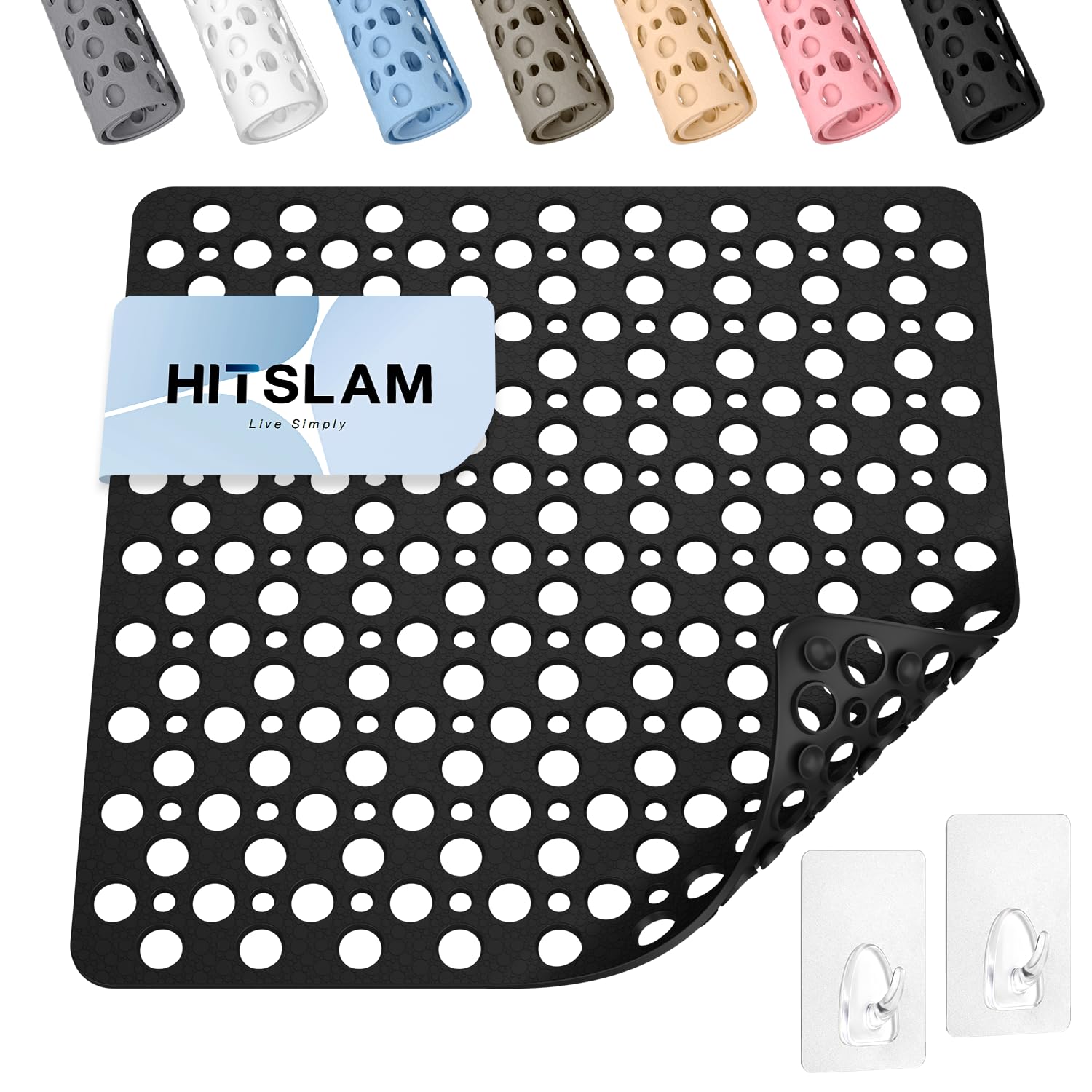 HITSLAM Shower Mat Non Slip, 21x21 Inch TPE Bath Mat, 2 Hooks, Black