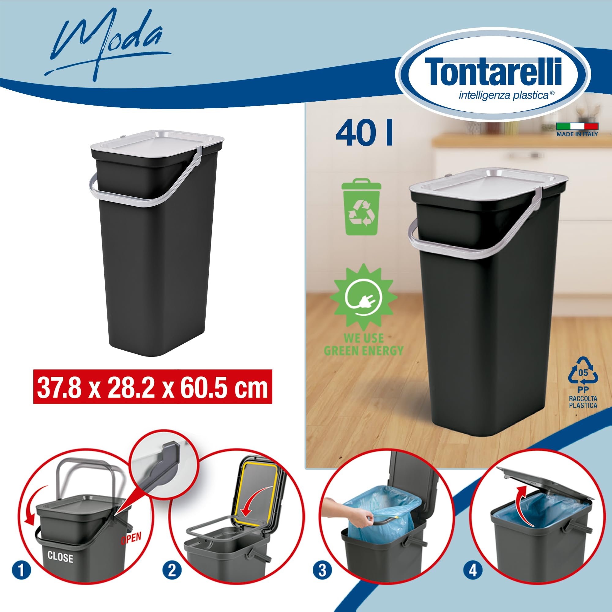 Tontarelli - Modello Cover Line per pattumiera da 44 litri con base nera e manico in zaffiro