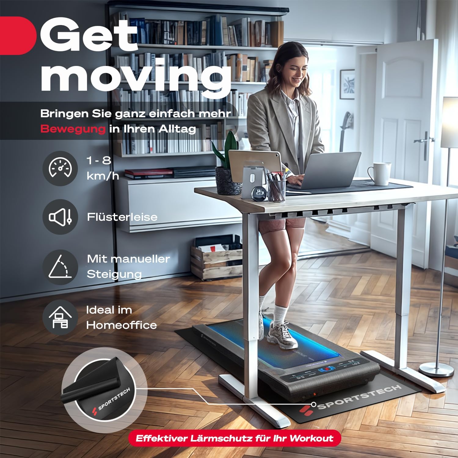 Sportstech sWalk Walking Pad, Laufband für Zuhause klappbar mit Steigung 7,5%, Laufband Schreibtisch, Under Desk Treadmill, 8 km/h, leise, App, LCD Display, bis 120 kg, Homeoffice Fitnessgerät Wood grey