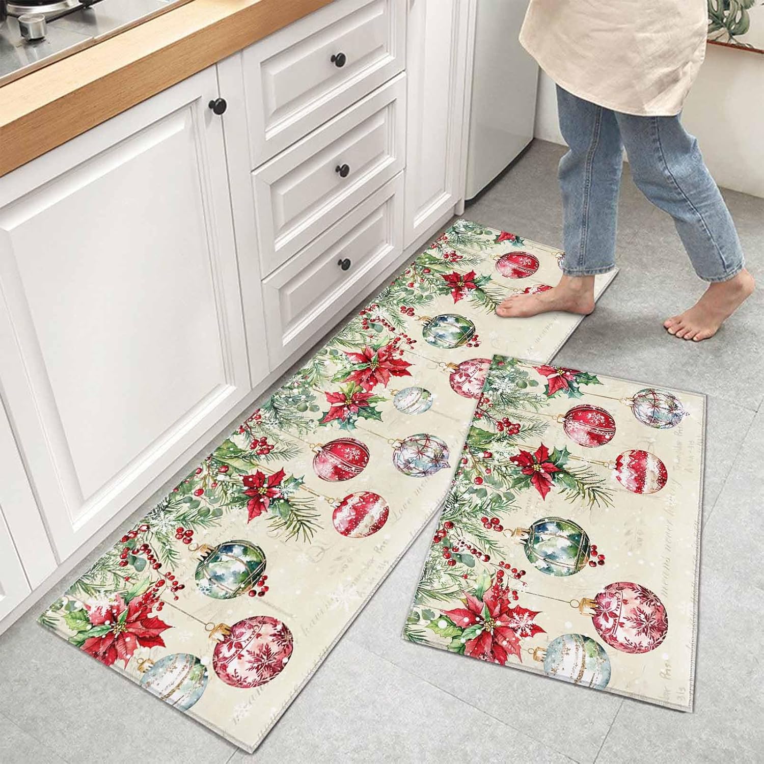 2 Pcs Kitchen Rugs and Mats Rural Christmas Ball Winter Pant Letter Area Runner Rug Set Non Slip Floor Doormat Washable Carpet Standing Mat for Sink Indoor Corridor Retro Poinsettia Leaf Berry