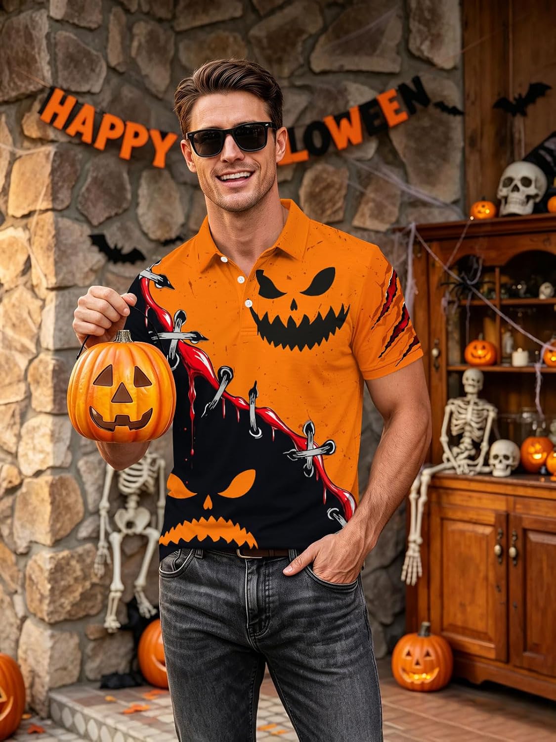 Halloween Shirts for Men Funny Horror Hawaiian Polo Shirt | Casual,Dry Fit,Quick Dry,Moisture Wicking,Golf Tops