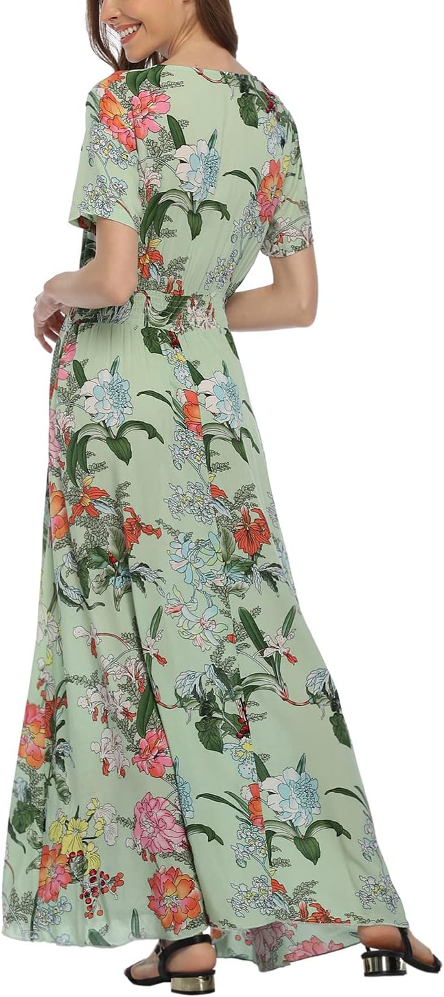 Women's Boho Floral Maxi Dress Summer Button Up Split Flowy Beach Party Dress - Image 4